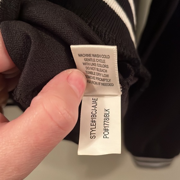 Women’s Long Sleeved Jacket, Black W/ Red and White Stripes around Cuffs & Hem - Picture 5 of 6